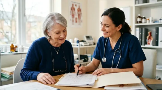 Patient consultant attentivement son protocole de soins ALD avec un médecin dans un cabinet médical lumineux
