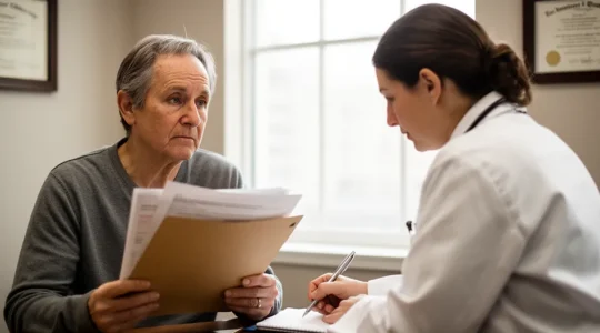 Patient en consultation avec son médecin traitant pour réviser son protocole de soins ALD