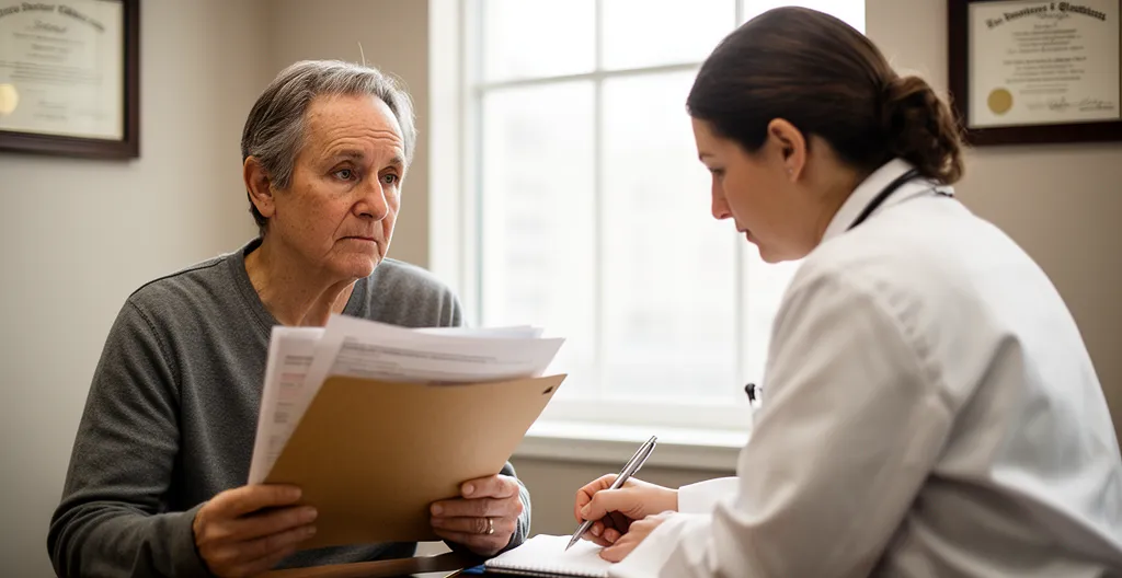 Patient en consultation avec son médecin traitant pour réviser son protocole de soins ALD
