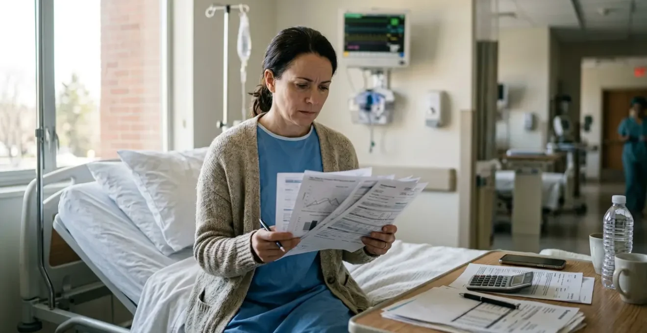 Patient consultant des documents financiers dans une chambre d'hôpital avec calculatrice et factures visibles