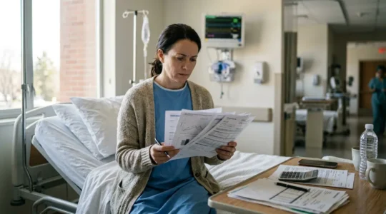 Patient consultant des documents financiers dans une chambre d'hôpital avec calculatrice et factures visibles