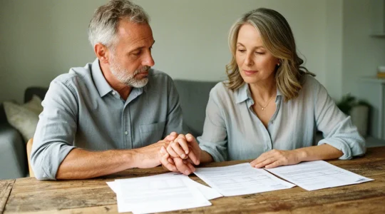Protection financière de la famille après un accident domestique : organisation des documents d'assurance et calculatrice dans un environnement domestique sécurisé
