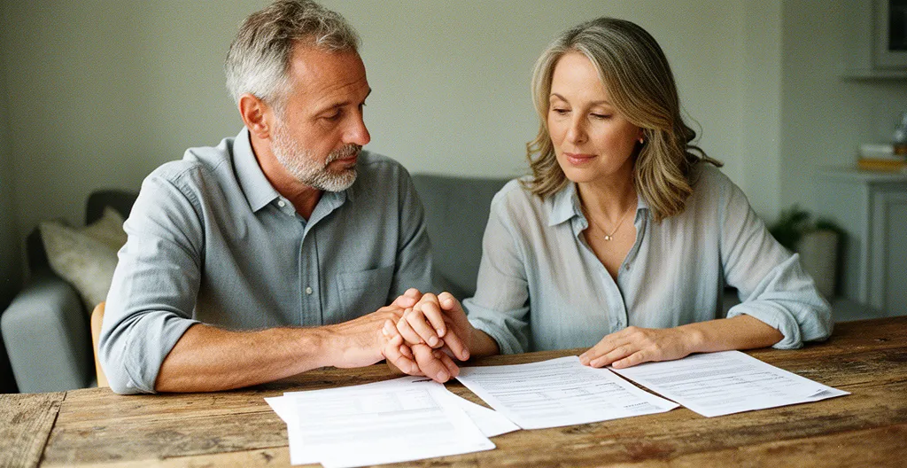 Protection financière de la famille après un accident domestique : organisation des documents d'assurance et calculatrice dans un environnement domestique sécurisé