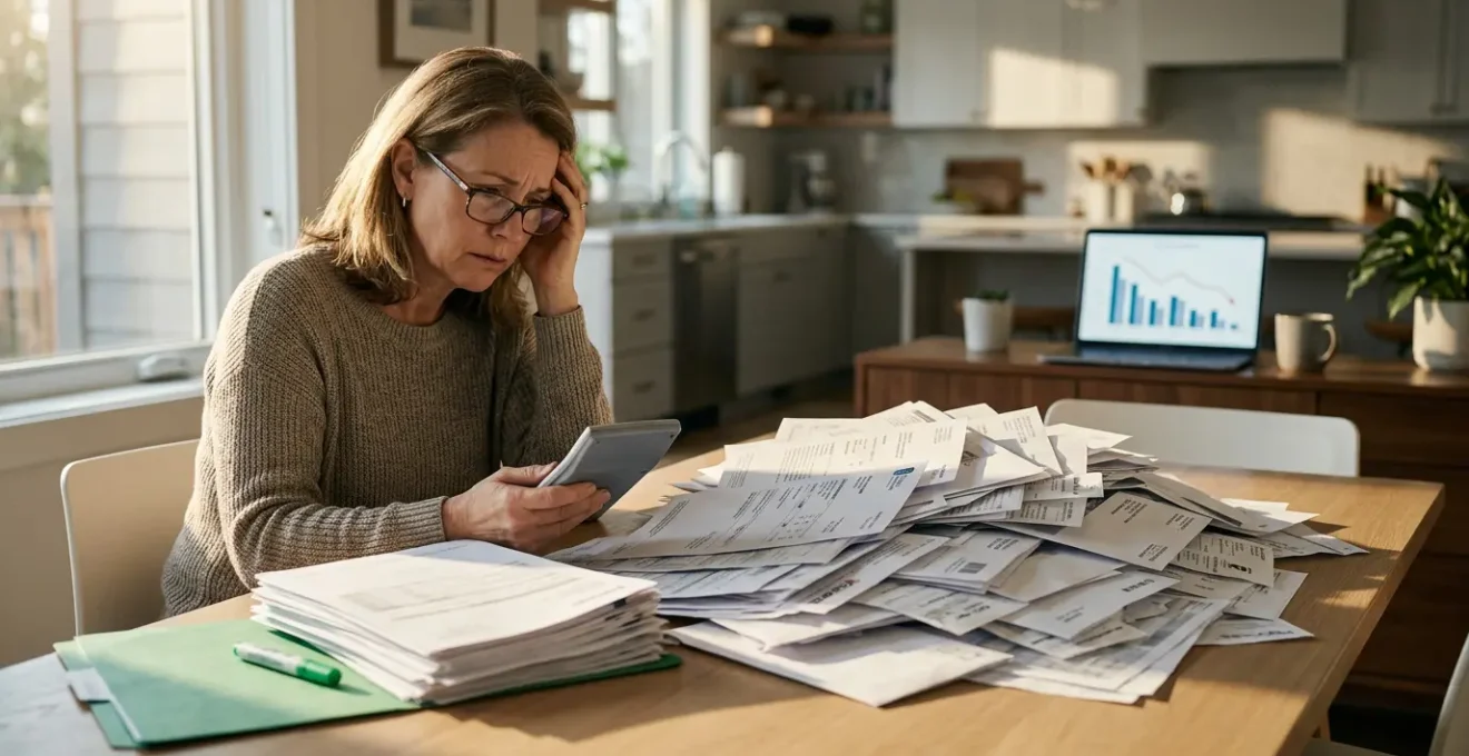 Patient face à une pile de factures médicales avec calculatrice, illustrant le décalage entre les remboursements attendus et réels