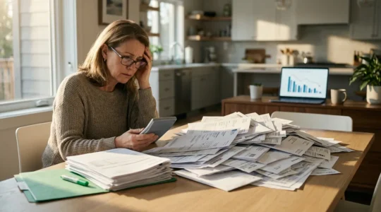 Patient face à une pile de factures médicales avec calculatrice, illustrant le décalage entre les remboursements attendus et réels