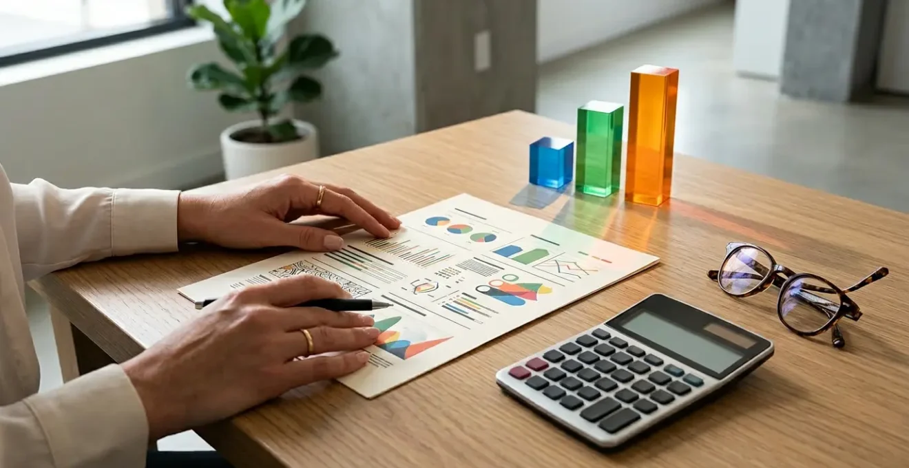 Bureau moderne avec tableau de garanties mutuelle, calculatrice et lunettes de lecture