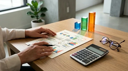 Bureau moderne avec tableau de garanties mutuelle, calculatrice et lunettes de lecture