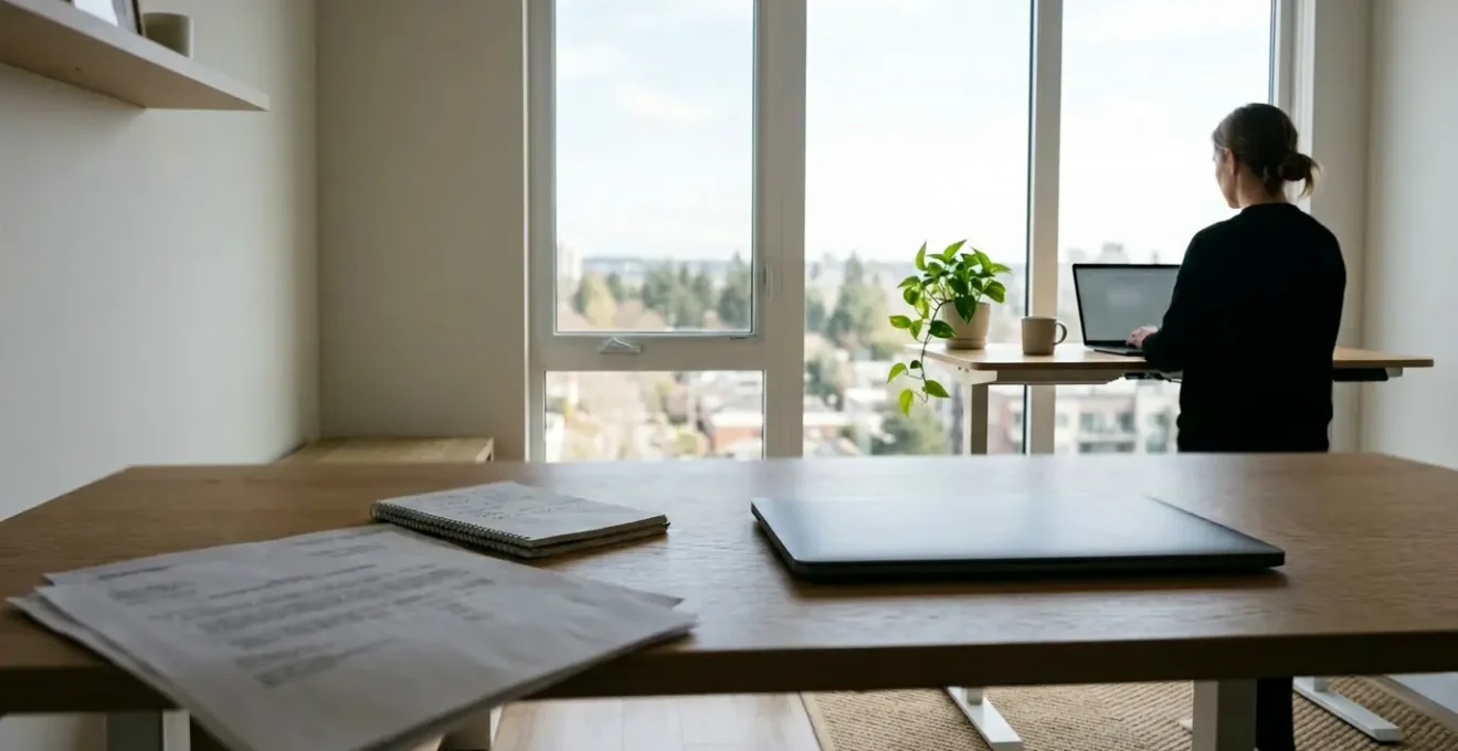 Bureau moderne avec documents administratifs flous au premier plan et silhouette de personne travaillant sur ordinateur en arrière-plan