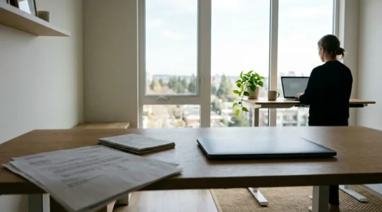 Bureau moderne avec documents administratifs flous au premier plan et silhouette de personne travaillant sur ordinateur en arrière-plan