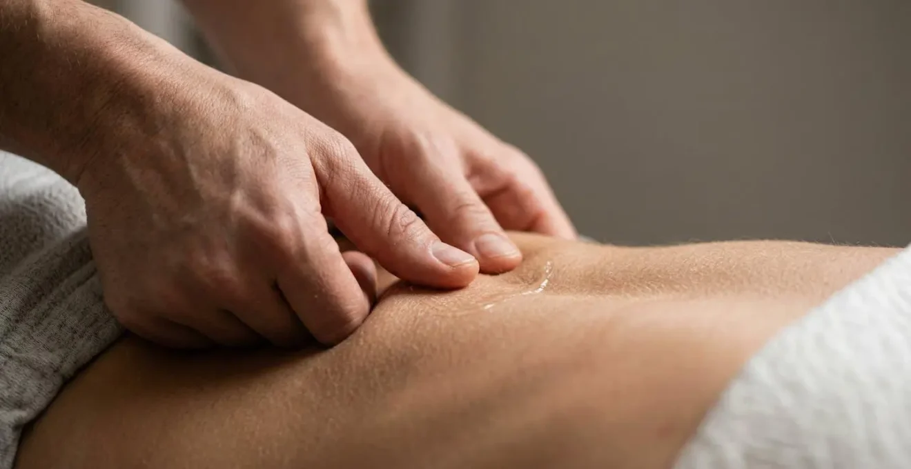 Vue latérale d'une séance de manipulation thérapeutique montrant les mains du praticien sur le bas du dos d'un patient