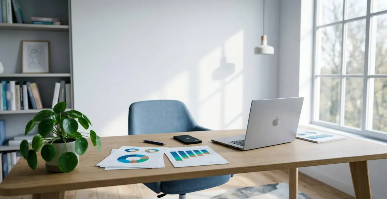 Bureau avec documents d'analyse de remboursement et ordinateur portable fermé