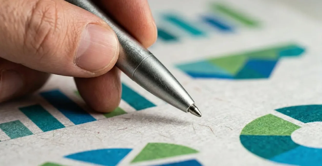 Gros plan sur une main tenant un stylo au-dessus de documents financiers avec des graphiques colorés, illustrant la vérification de la déduction de la mutuelle sur un bulletin de paie.