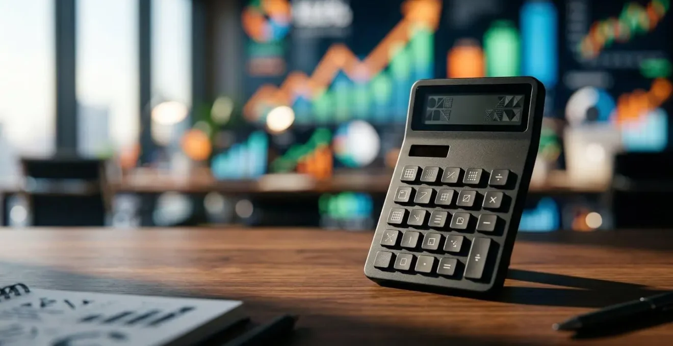 Calculatrice moderne posée sur bureau avec graphiques financiers flous en arrière-plan