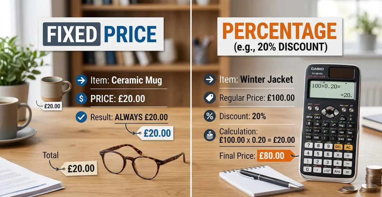 Comparaison visuelle entre forfait euros et pourcentage avec lunettes et calculatrice