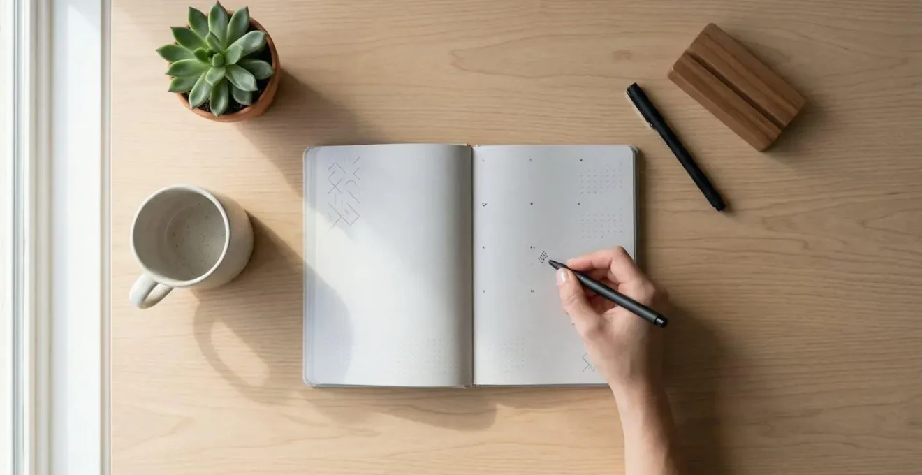 Vue aérienne minimaliste d'un bureau avec agenda ouvert et main planifiant des rendez-vous de santé