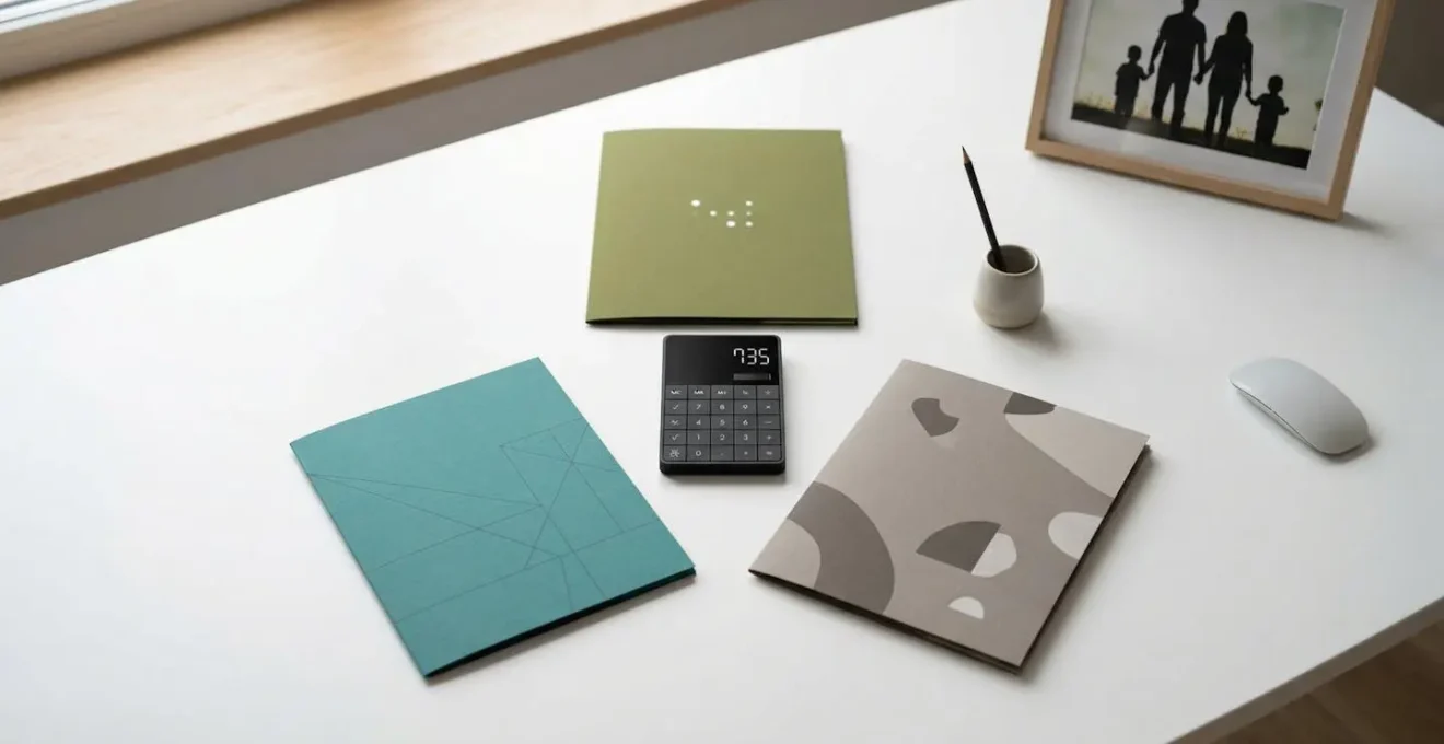Bureau avec trois dossiers d'assurance ouverts et calculatrice pour famille de trois enfants