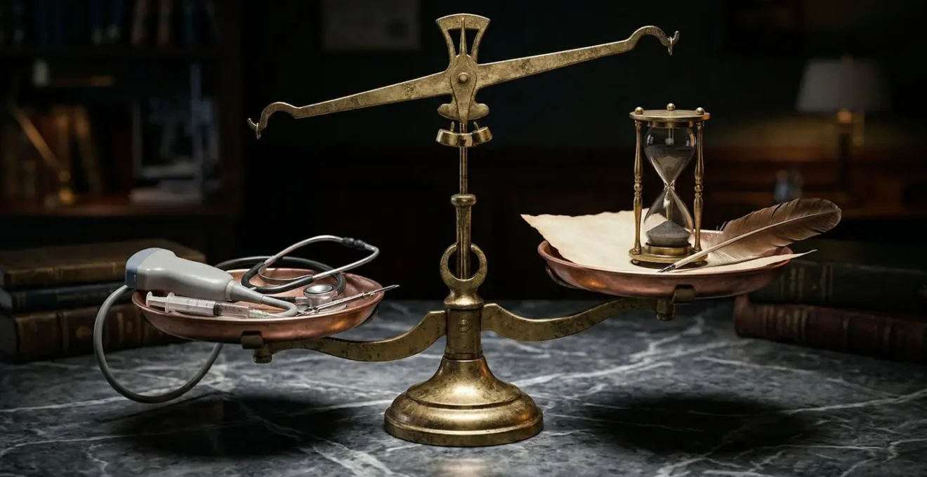 Balance déséquilibrée avec équipement médical d'un côté et symbole de consultation de l'autre