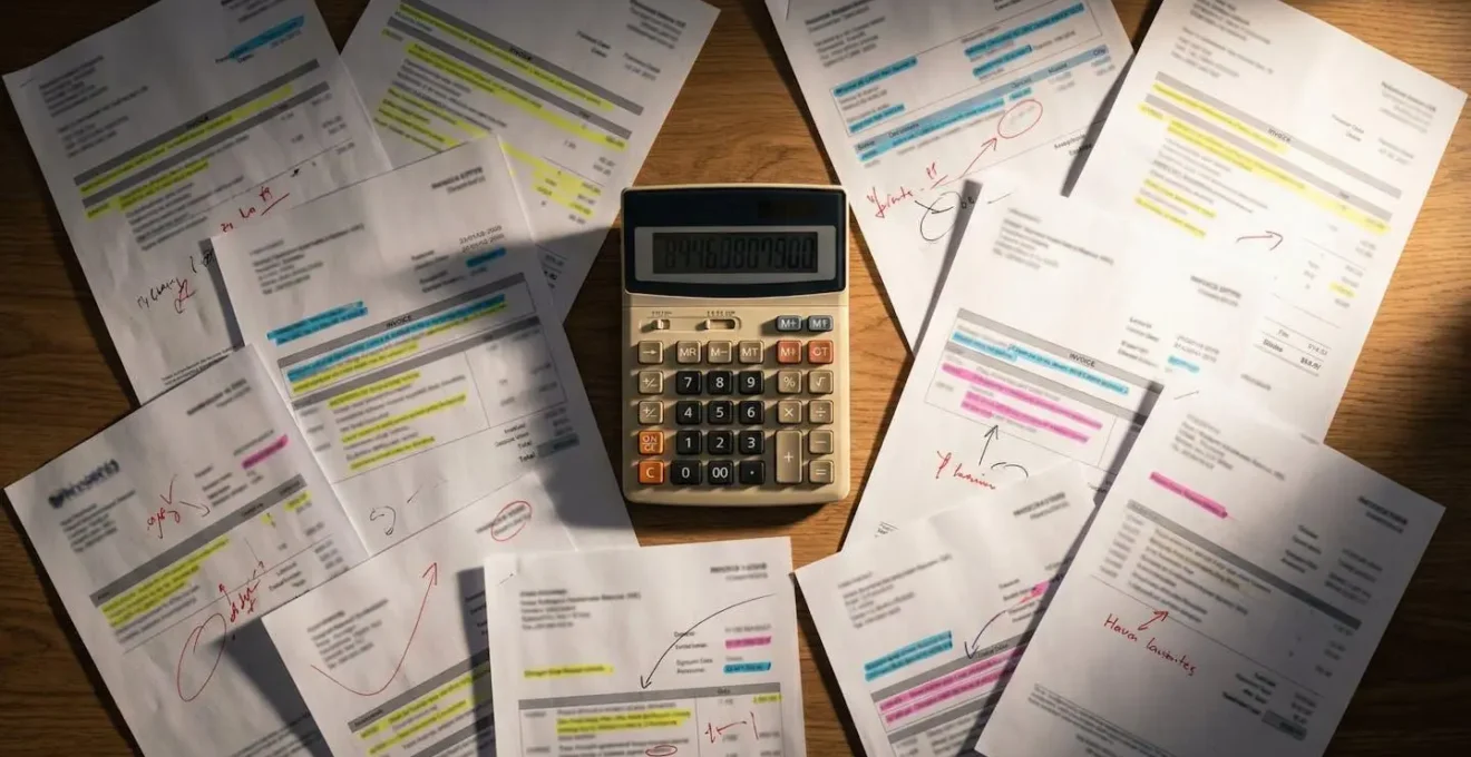 Vue en plongée de factures médicales et calculatrice montrant des calculs de remboursement
