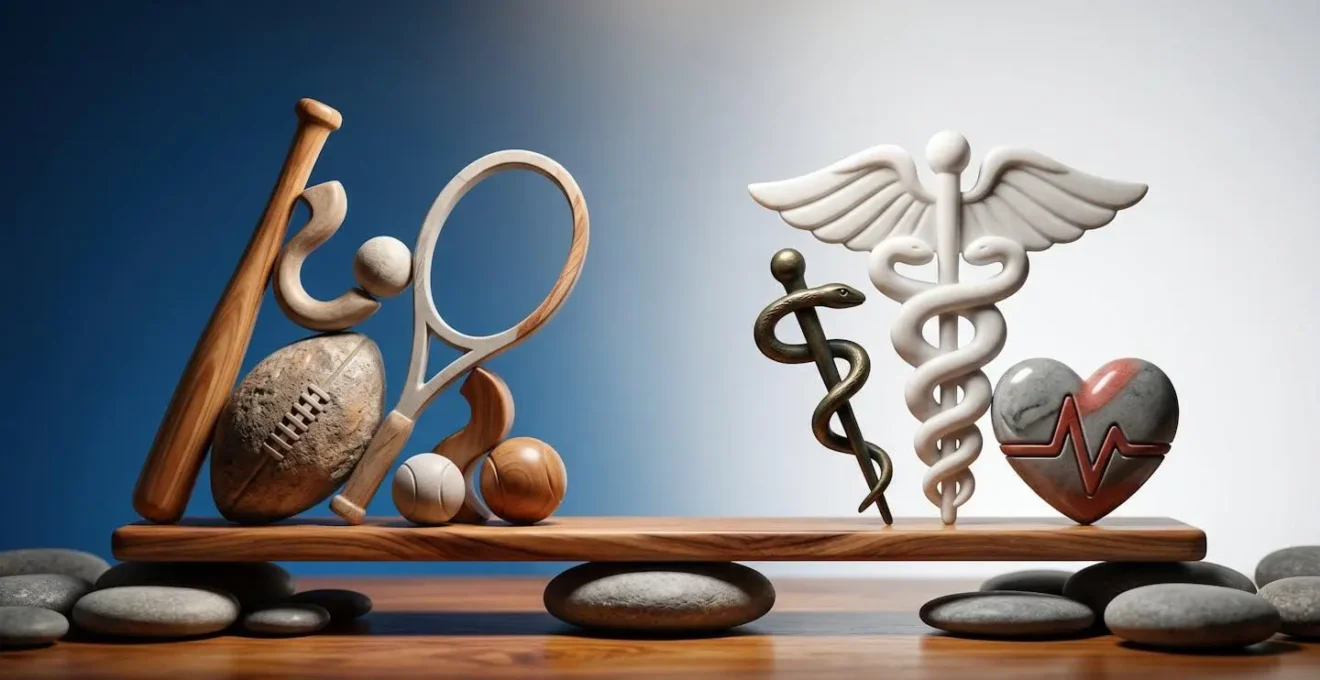 Composition symbolique montrant l'équilibre entre activité sportive et protection santé globale
