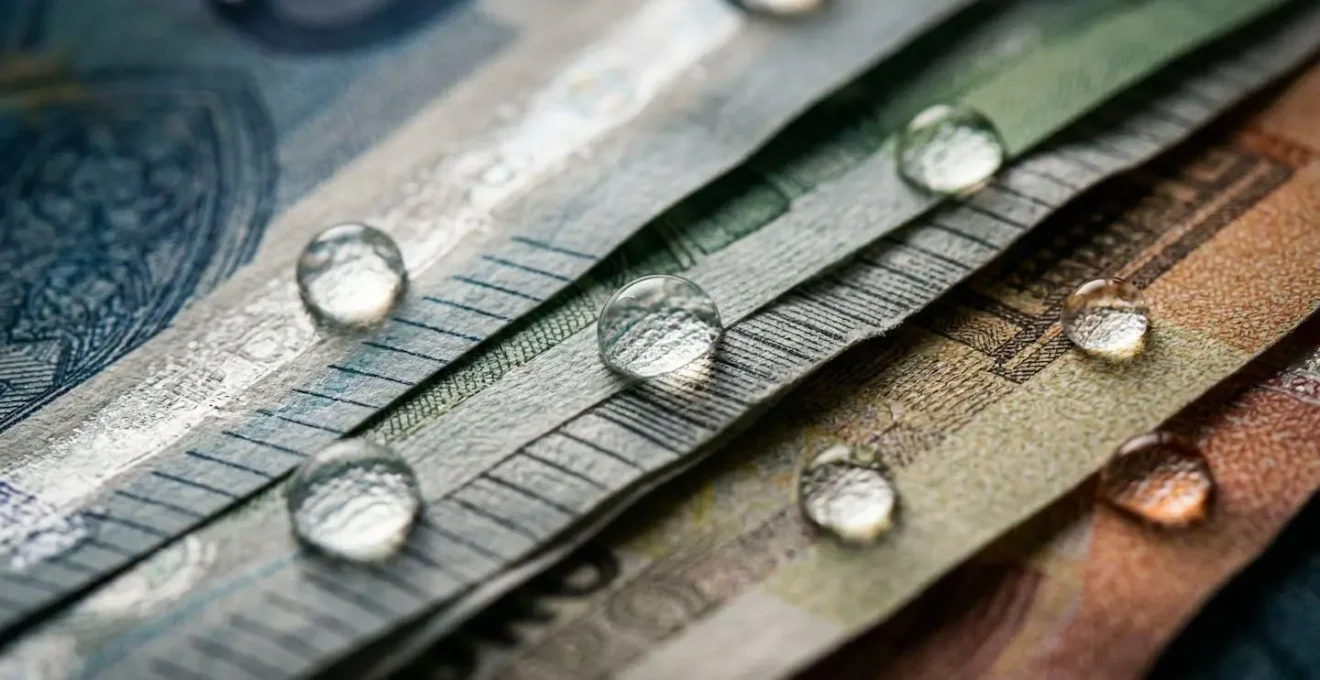 Vue macro de billets euros avec gouttes d'eau symbolisant la liquidité de l'épargne