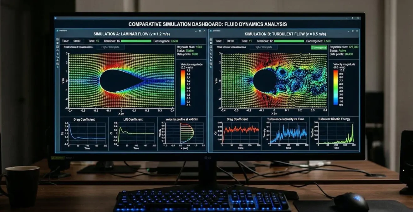 Écran d'ordinateur montrant deux interfaces de simulation côte à côte avec des graphiques comparatifs