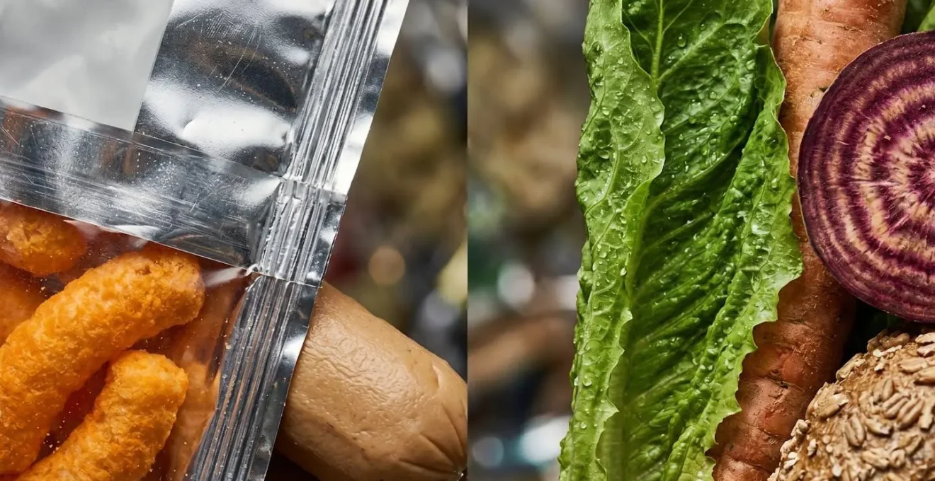Composition comparative montrant l'évolution d'un panier de courses vers une alimentation équilibrée
