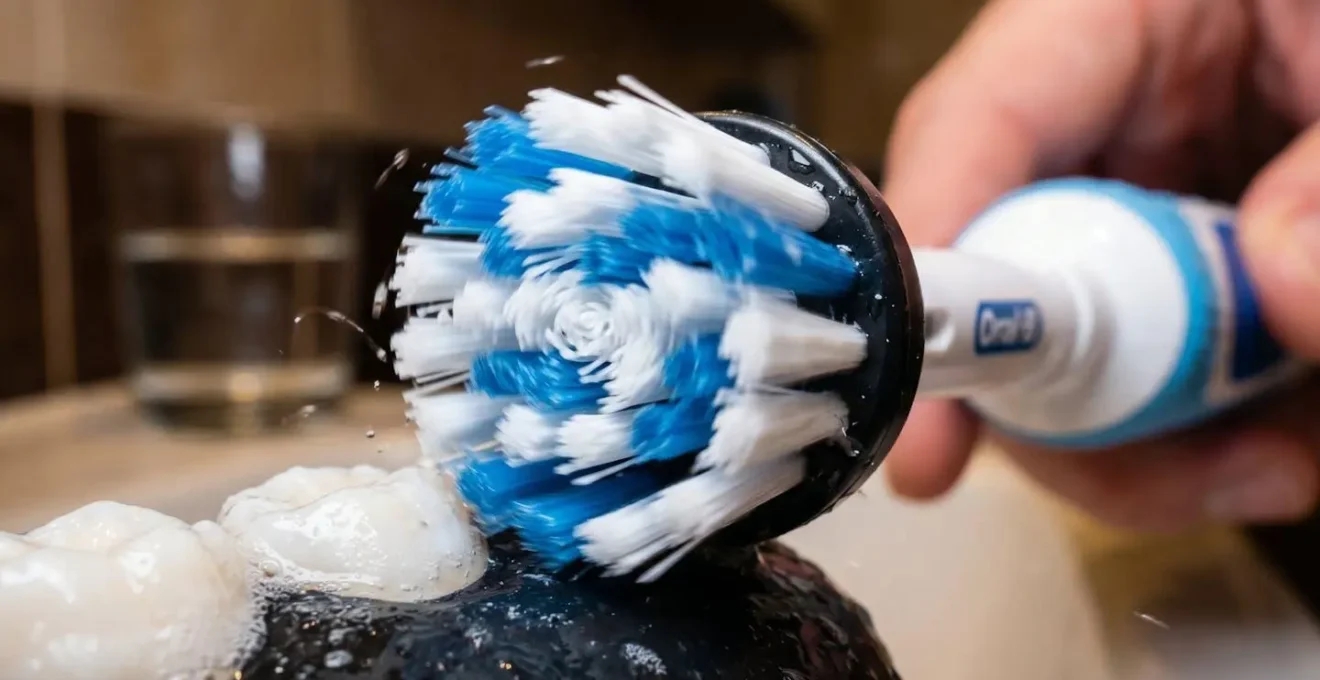 Gros plan macro sur les poils d'une brosse à dents électrique montrant leur mouvement oscillatoire