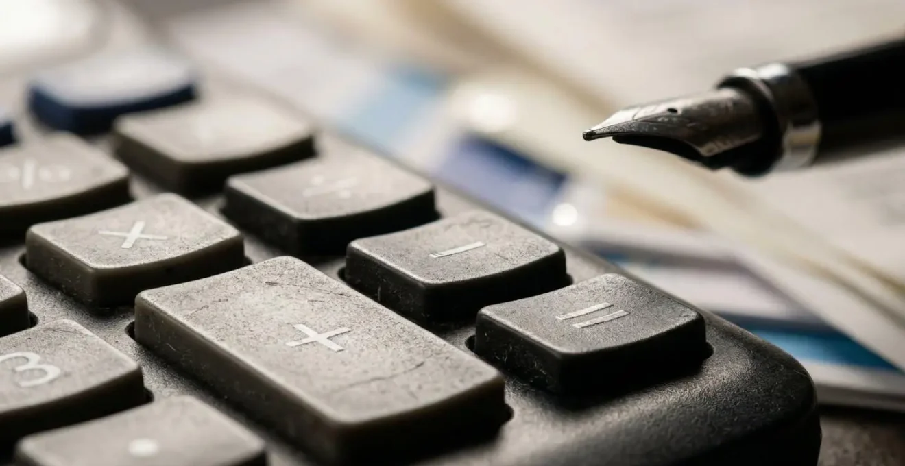Bureau d'expert-comptable avec documents financiers et calculatrice professionnelle disposés méthodiquement