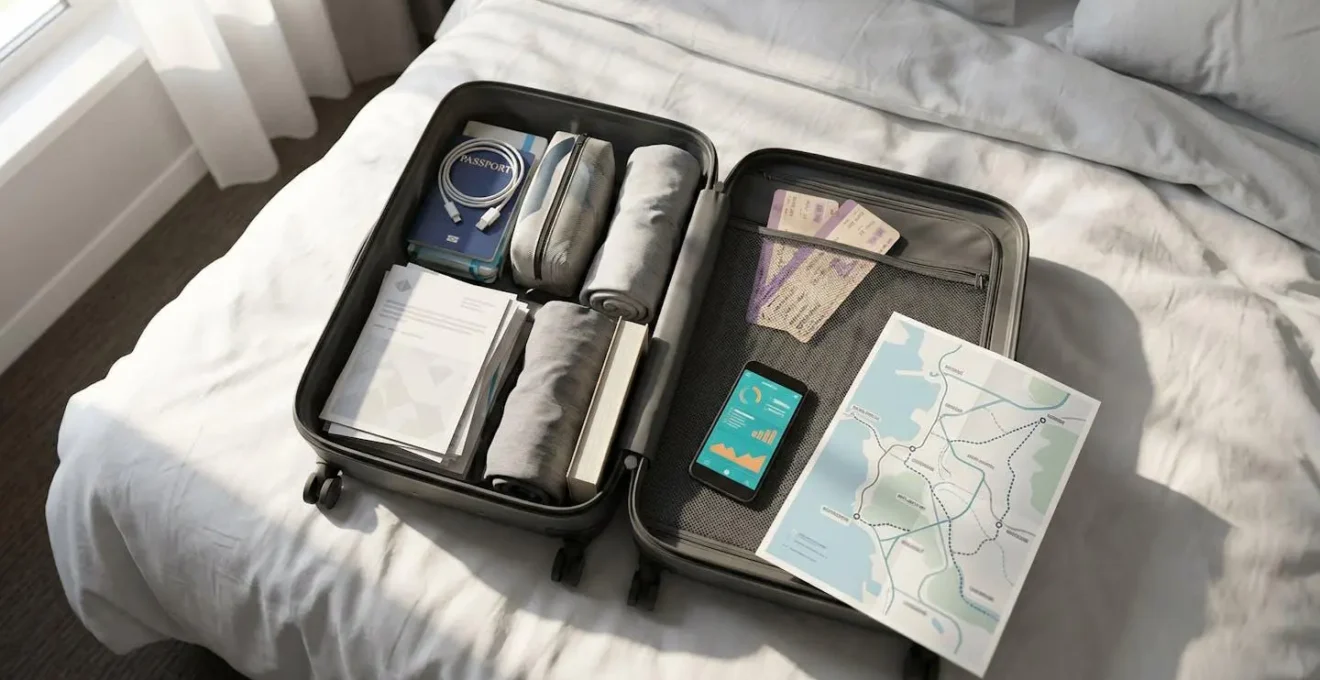 Vue aérienne d'une valise ouverte avec documents médicaux abstraits et carte de France stylisée