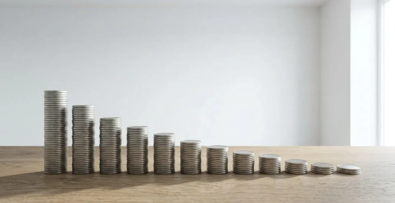 Courbe descendante représentée par des pièces de monnaie empilées en dégradé décroissant sur surface en bois