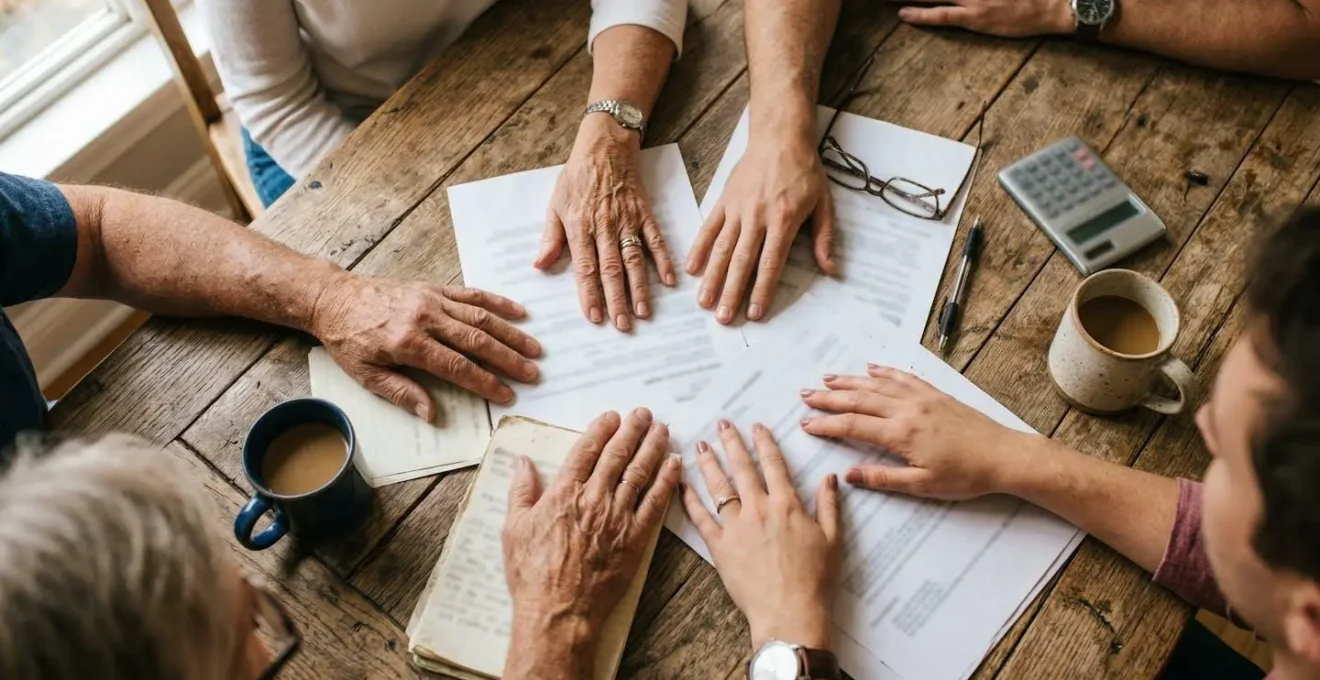 Vue plongeante sur une table en bois avec des mains posées autour, suggérant une discussion familiale