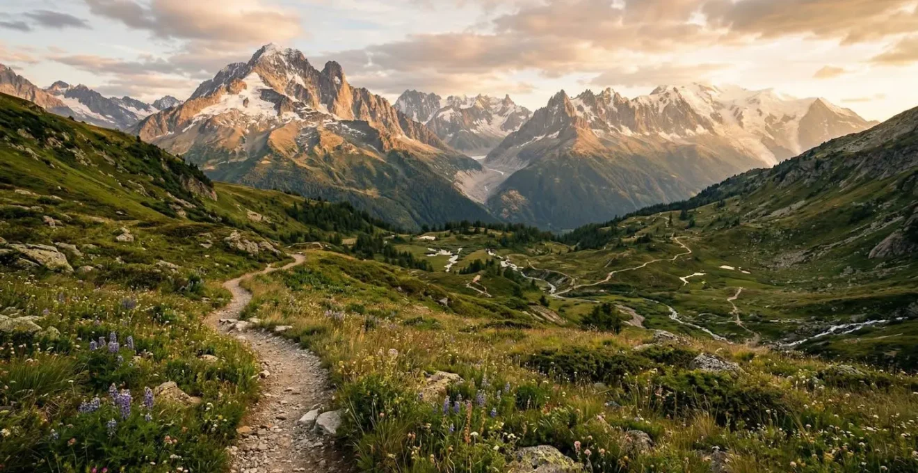 Paysage de montagne avec vallée suggérant une zone frontalière, sans panneau ni texte visible