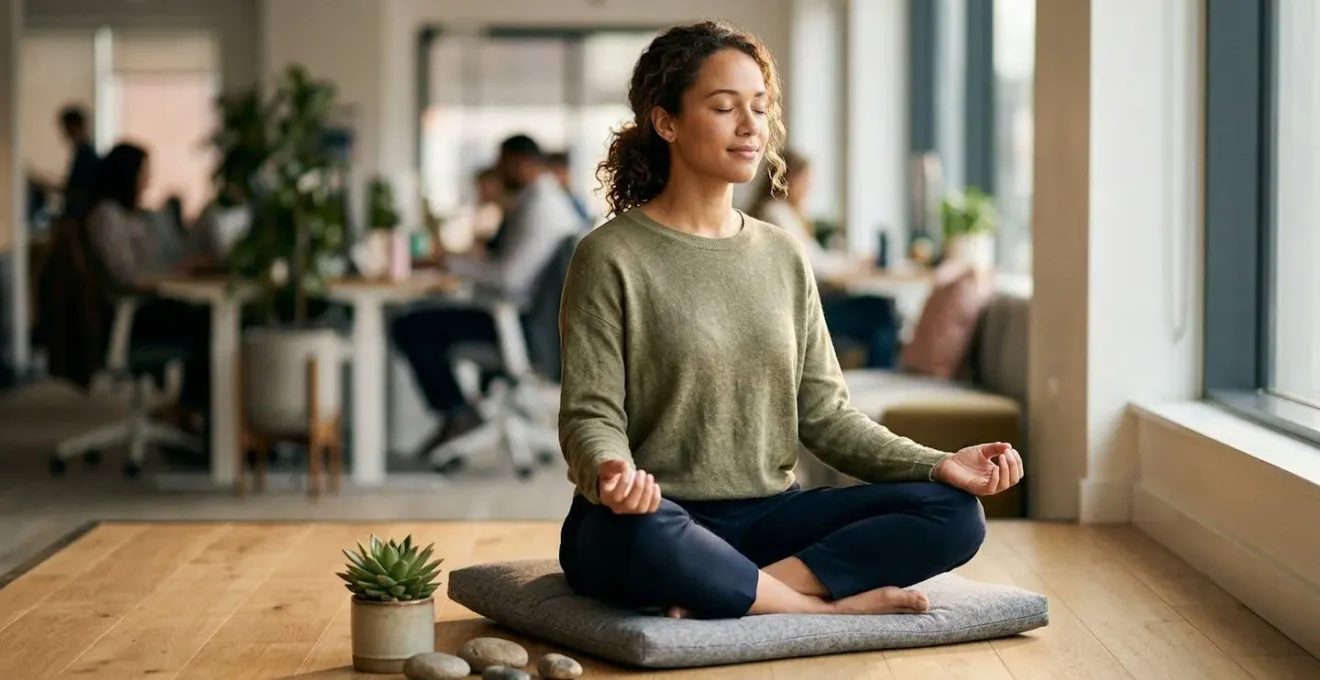 Espace de méditation moderne avec éléments technologiques suggérés en arrière-plan