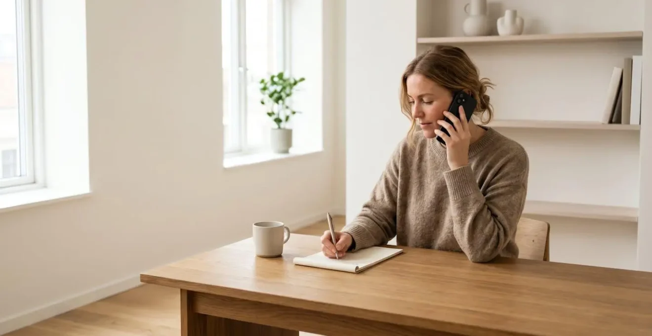 Personne au téléphone prenant des notes dans un environnement calme et lumineux