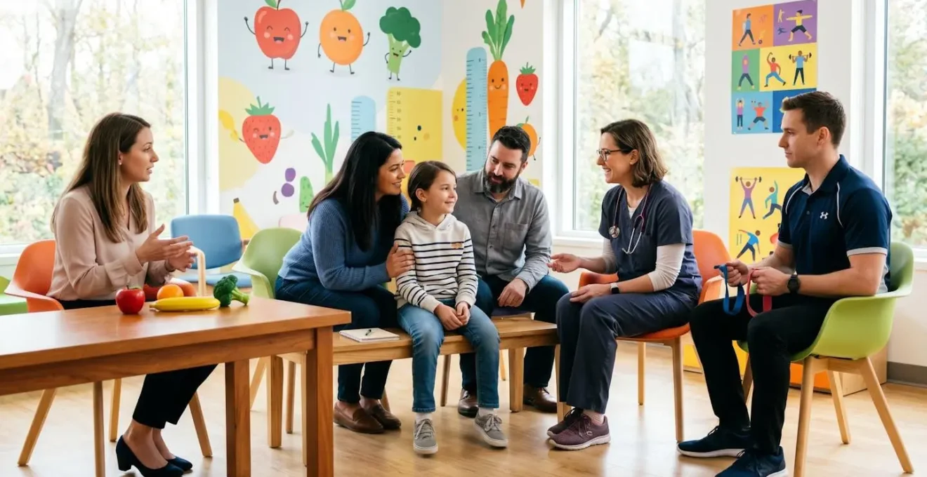 Famille avec enfant en consultation avec une équipe médicale pluridisciplinaire