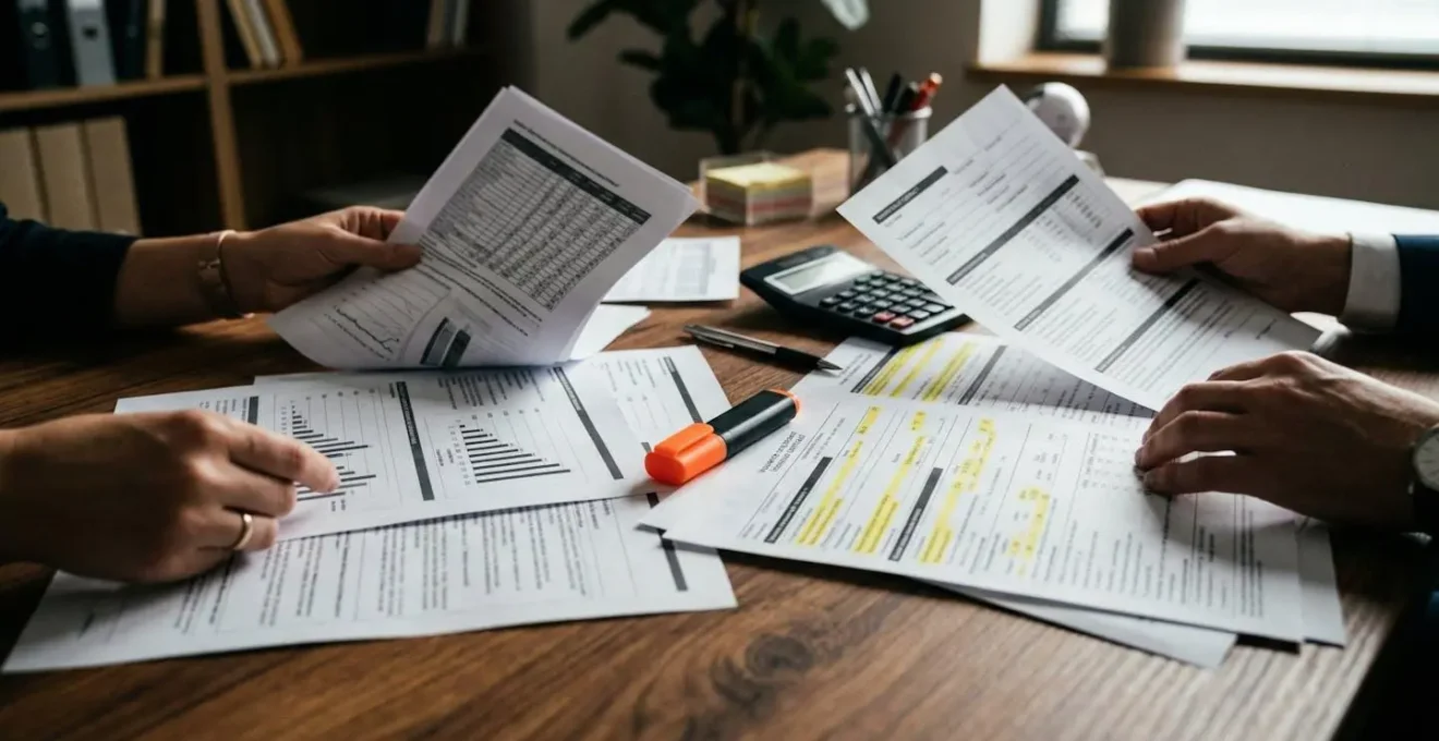 Personne analysant attentivement son contrat de mutuelle à un bureau avec documents éparpillés