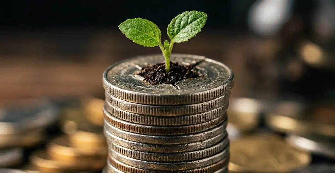 Vue macro de pièces empilées avec plante verte poussant au sommet symbolisant la croissance