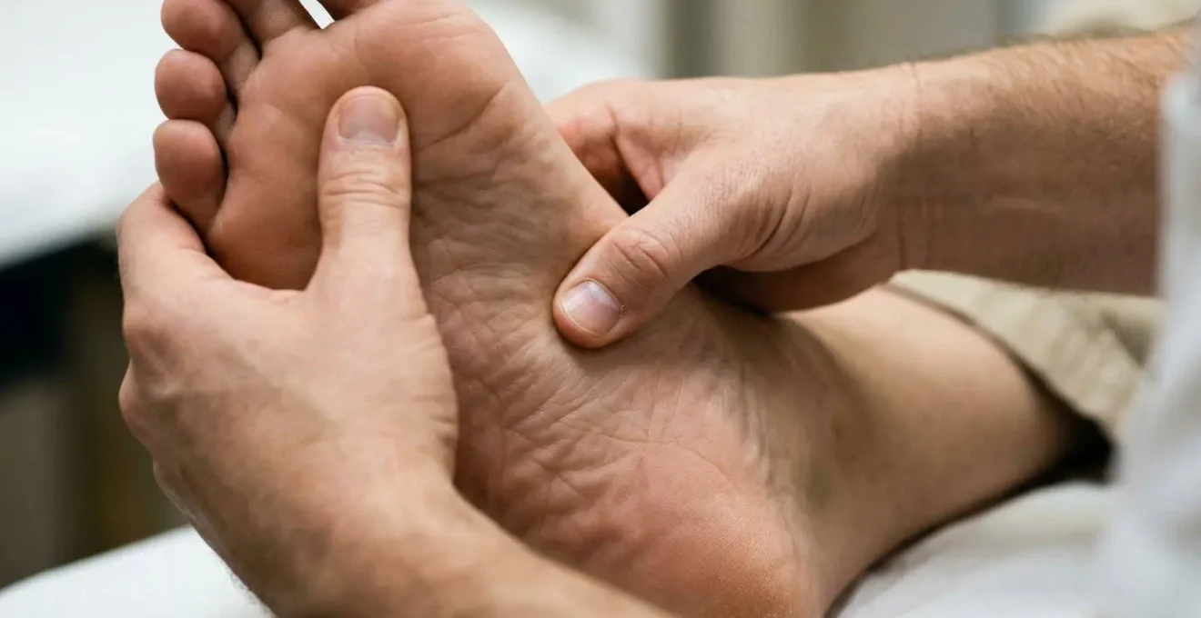 Gros plan sur les mains expertes d'un praticien effectuant une technique de réflexologie plantaire