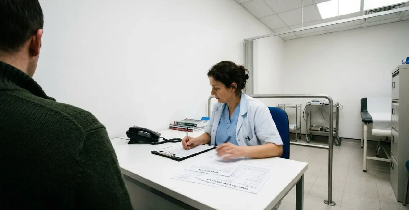 Médecin hospitalier remplissant une prescription de transport médical avec patient en arrière-plan