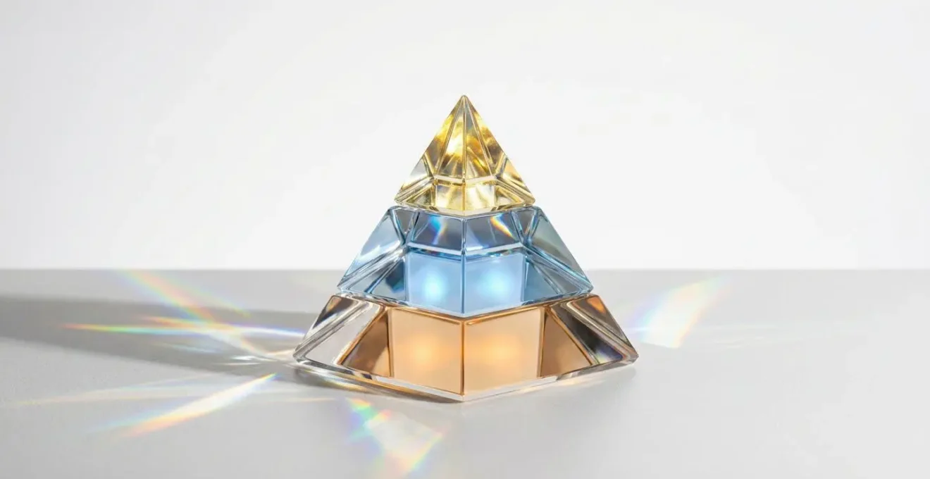 Pyramide conceptuelle en verre avec base large éclairée, niveaux distincts visibles par transparence