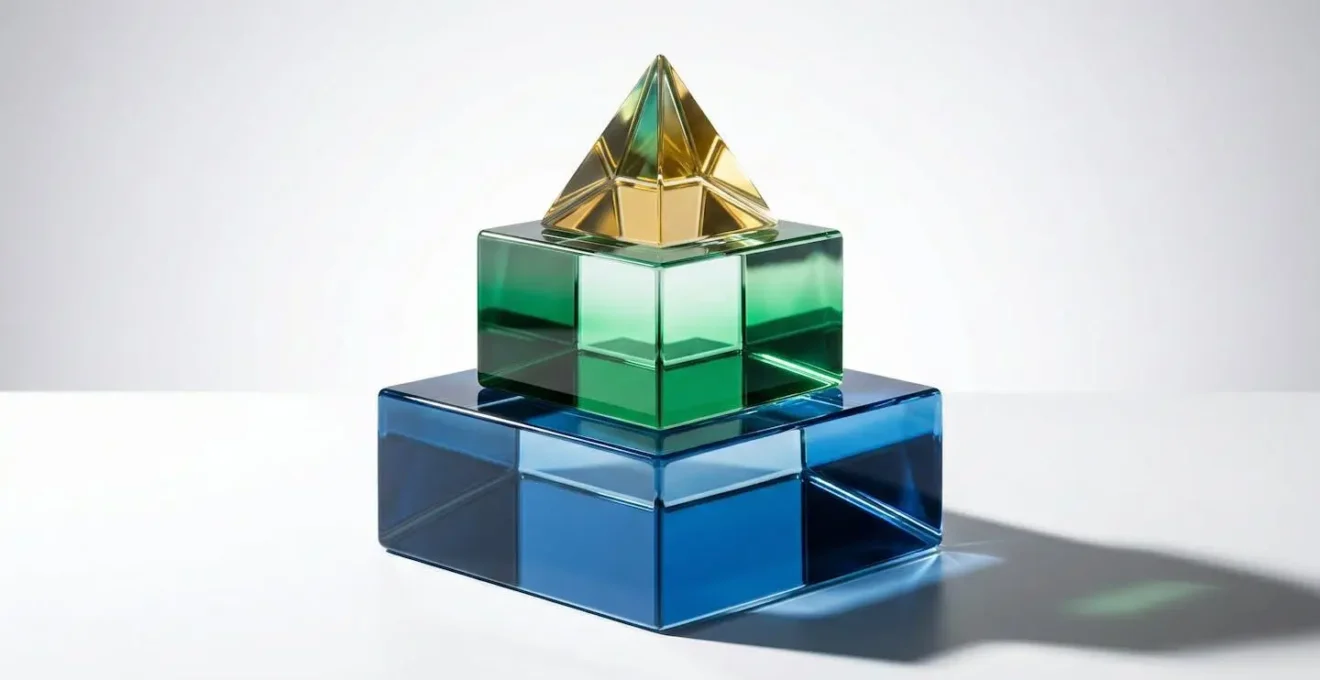 Représentation visuelle d'une pyramide de protection sociale avec trois niveaux distincts matérialisés par des blocs de verre empilés