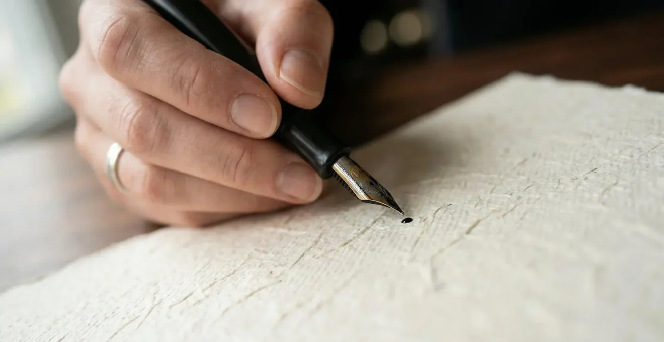 Main tenant un stylo plume au-dessus d'un papier vierge sur bureau ancien