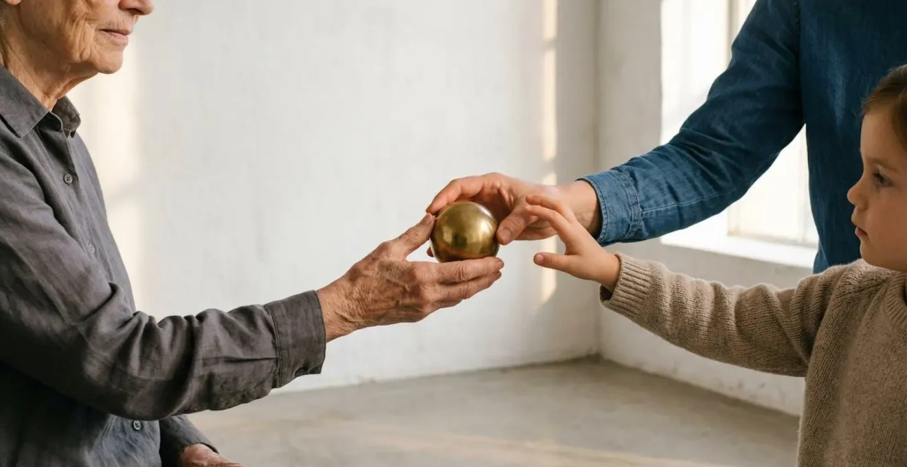 Mains de différentes générations se transmettant symboliquement un objet précieux dans une lumière dorée
