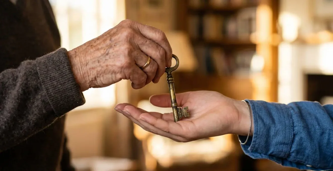 Deux mains de générations différentes échangeant symboliquement des clés anciennes