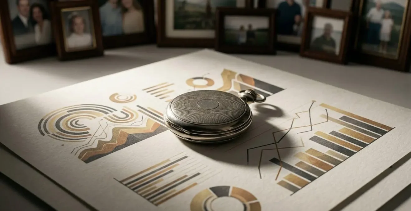 Composition symbolique pour la planification successorale, avec une montre de poche ancienne sur des documents financiers abstraits, suggérant le passage du temps.