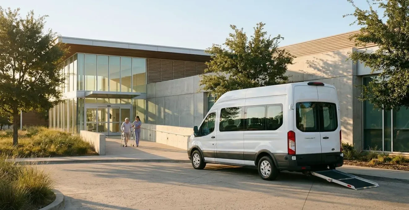 Véhicule sanitaire léger adapté stationné devant un centre médical