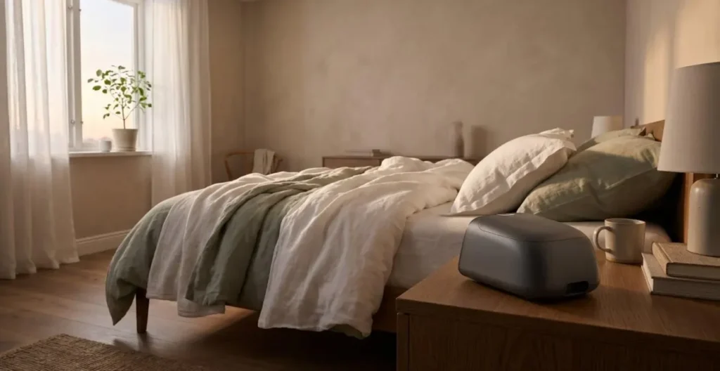 Chambre à coucher paisible avec une machine PPC discrètement positionnée sur la table de nuit Chambre à coucher paisible avec une machine PPC discrètement positionnée sur la table de nuit